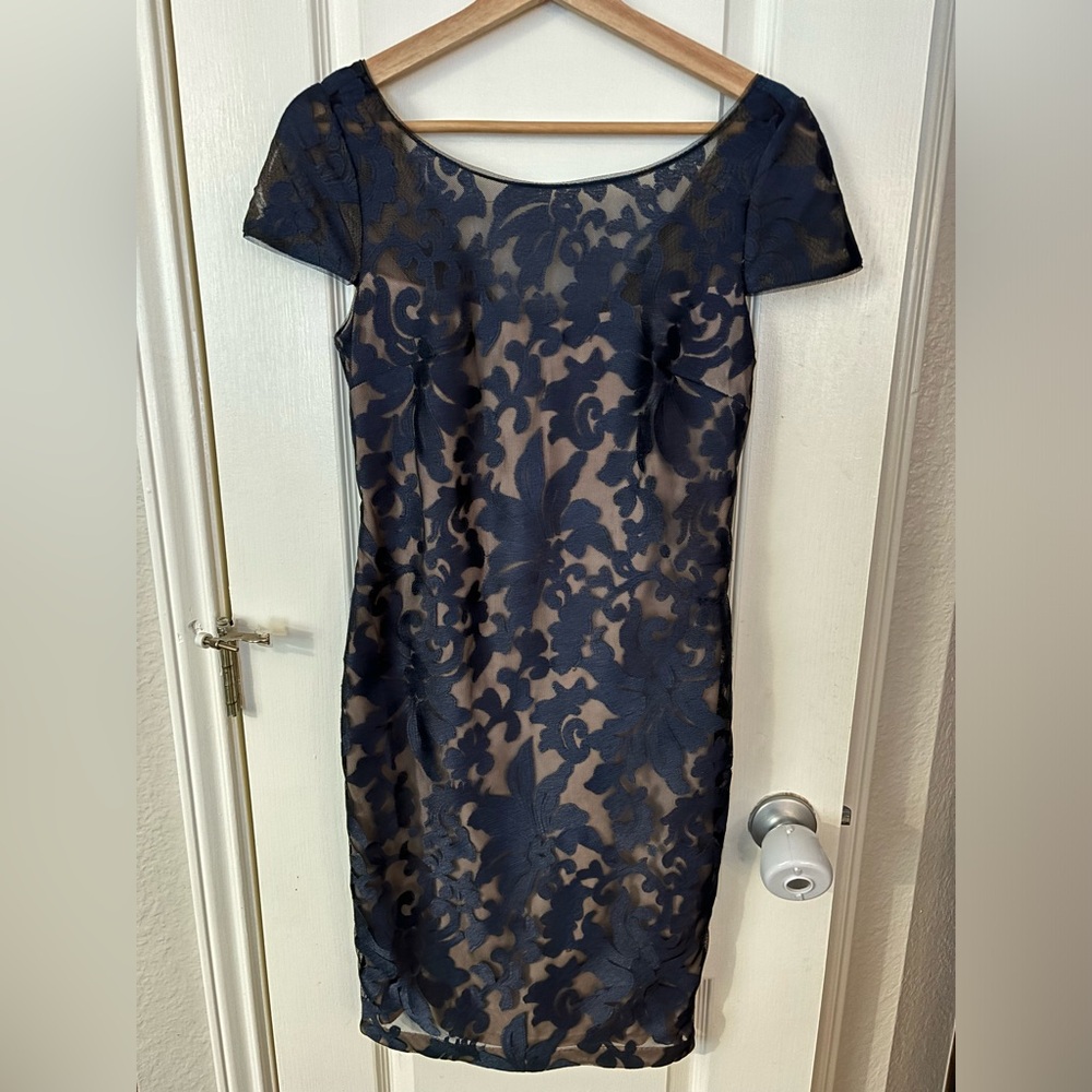 Calvin Klein Navy Blue Floral Lace Overlay Sheath Dress